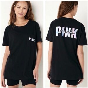 Victoria’s Secret PINK Campus Tee Black Blur Logo Short Sleeve T-Shirt